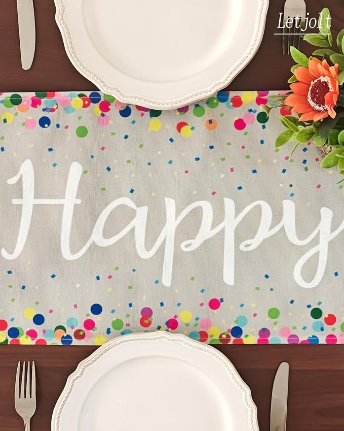 Letjolt Happy Birthday Table Runner 72 Inches Birthday Centerpieces for Tables Birth Day Party Sign Polka Dots Table Decoration, Grey