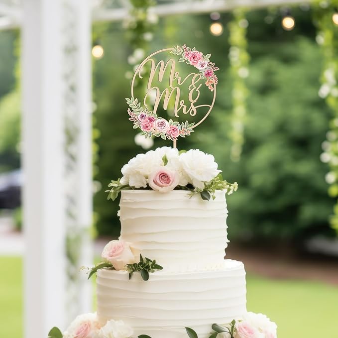 Mr & Mrs Cake Topper Floral Wedding Cake Topper in Wood (Design 01)