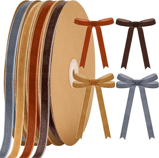 Chuangdi 80 Yards Christmas Velvet Ribbon, 4 Rolls 3/8" Vintage Thin Ribbon for Xmas Gift Wrapping Christmas Tree Wreath Ornaments DIY Crafts Decoration, Red, Brown, Khaki, Blue