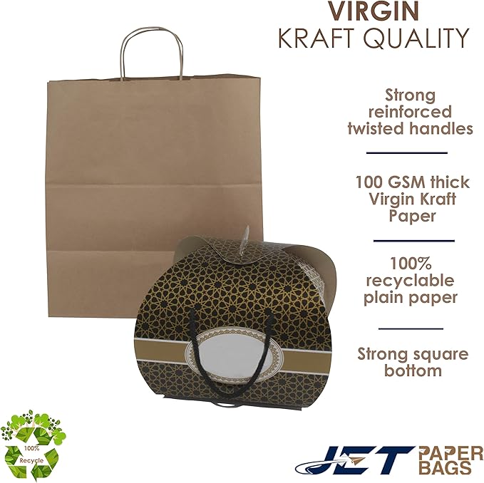 JET PAPER BAGS - Large Brown Paper Bags with Handles 14”x9”x16” Inch [25 Pcs] Prime for Takeout, Grocery, Goody, Retail, Party, Gifts, Weddings