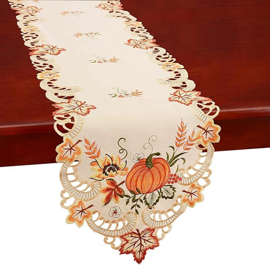 Simhomsen Small Embroidered Thanksgiving Harvest Pumpkins Table Runners for Autumn Or Fall Decorations (14 × 34 Inches)