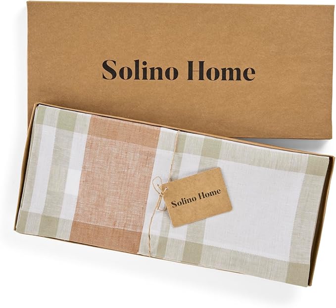 Solino Home Linen Plaid Table Runner 36 Inches - 100% Pure Linen Fall Harvest Table Runner 14 x 36 Inch Ideal for Dresser and Coffee Tables - Thanksgiving, Holiday