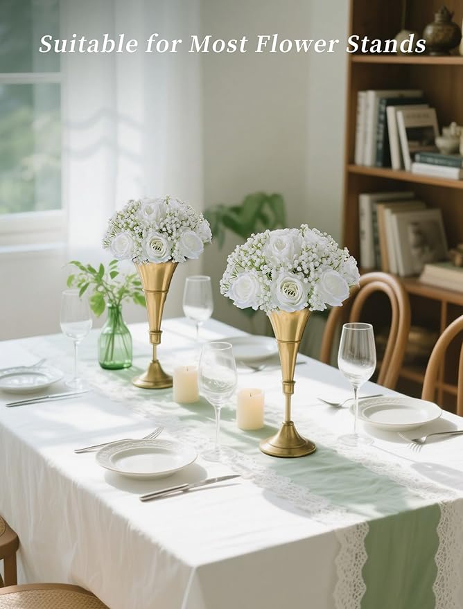 BLOSMON Babys Breath Artificial Flowers: 2 Pcs White Rose Babys Breath Fake Flower Balls Centerpieces for Wedding Table - Faux Silk Kissing Floral Arrangements for Home Party Event Decoration