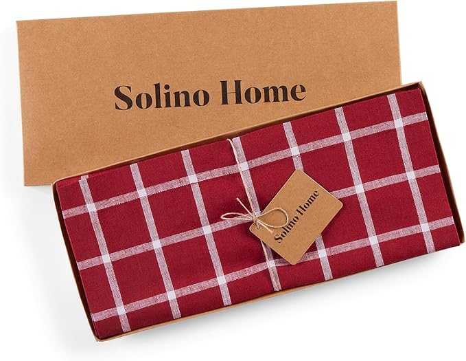 Solino Home Linen Table Runner 108 Inches Long - 100% Pure Linen Windowpane Red Table Runner 14 x 108 Inch for Dining, Christmas, Xmas