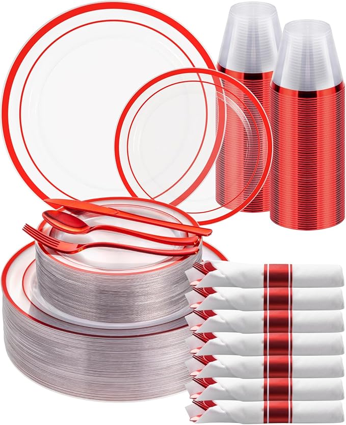 Goodluck 350 Piece Red Plastic Plates, Clear Plastic Silverware Disposable Plates Set, Include 100Plates, 50Pack Pre Rolled Napkins with Silverware, 50Cups for Party, Wedding, Graduation