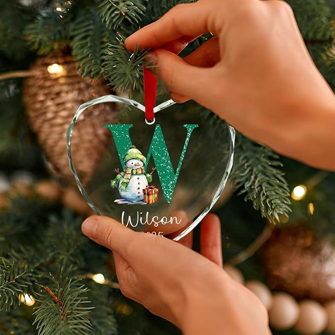 Personalized Heart Christmas Crystal Glass Ornaments Custom 2025 Name Ornament for Christmas Tree Decorations Customized Smowman Tree Hanging Gifts for Family Boys Girls