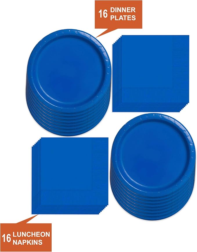 Solid Blue Paper Dinner Plates and Luncheon Napkins, Blue Party Supplies and Table Decorations (serves 16) - Tableware Disposable Set