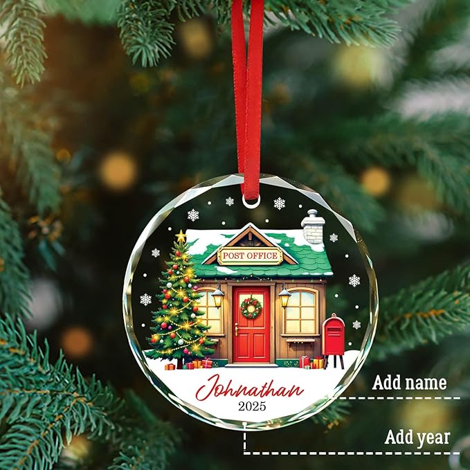 Post Office Personalized Christmas Glass Ornament, 2025 Christmas Ornament Gift for Postal Worker Mail Carrier, Custom Name & Year Mailman Xmas Ornament Keepsake, Post Office Ornaments for Xmas Tree