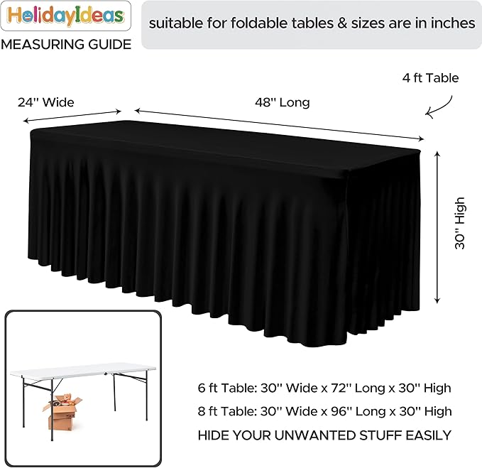 HolidayIdeas Black 4ft Rectangle Spandex Tablecloth 4 Pack Fitted Stretch Table Skirts 24x48 Inch, Ruffle Design Wrinkle-Free Polyester Table Cover for Banquets,Trade Shows, Parties, Events