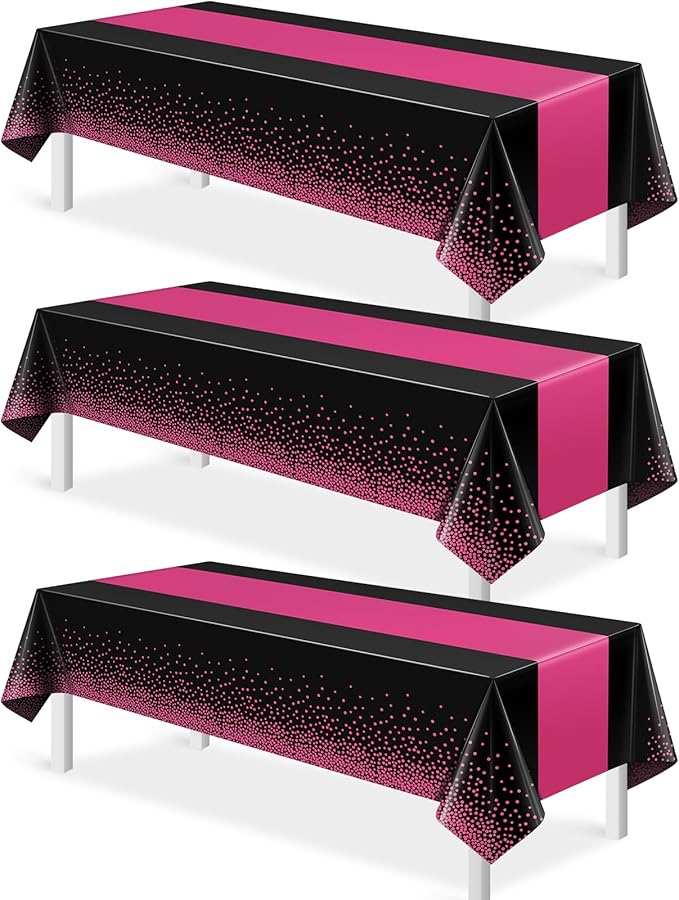3Pcs Black Hot Pink Tablecloth Party Decorations,Plastic Black Table Cloth Printed Hot Pink Table Runner Disposable Rectangle Cover for Birthday Wedding Anniversary Graduation Party,54x108 Inch