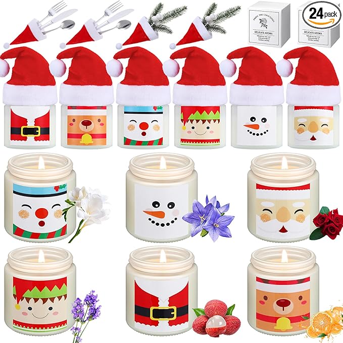 24 Pack Christmas Scented Candles Jar Set Include 12 Pcs 7oz Soy Wax Aromatherapy Candles and 12 Pcs Mini Santa Hat Holiday Party Favor Gift Bulk for Women Men Adult Coworker