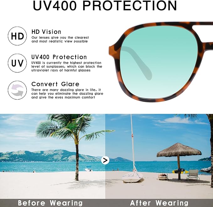 YDAOWKN Retro Square Aviator Sunglasses for Womens Mens Vintage 70s Double Bridge Sun Glasses