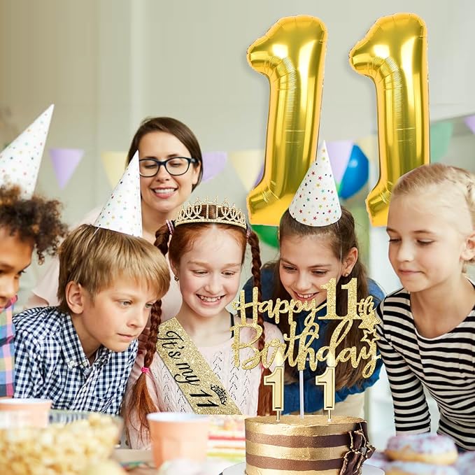 11th Birthday Decorations for Girls Gold with 11th Birthday Sash and Tiara, Candles and Cake Topper, Number Balloons, 11 Year Old Gifts for Girls