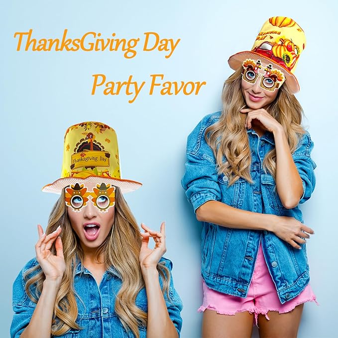 12 Pieces Thanksgiving Top Hats Turkey Hats Paper Eyeglasses Set for Thanksgiving Party Costume Accessories