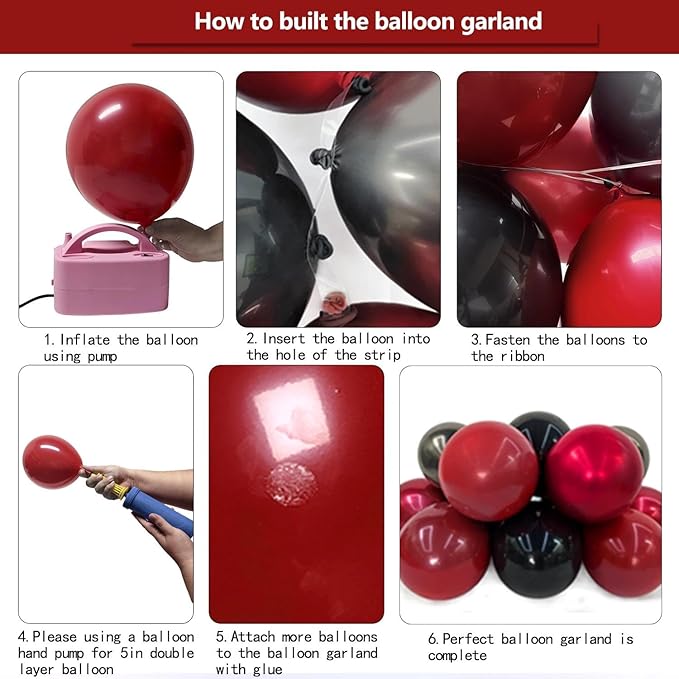 Black Red Balloon Arch Double Stuffed Black Burgundy Maroon Balloons Dark Ruby Red Metallic Balloon Garland Kit for Birthday Wedding Halloween Casino Anniversary Graduation Party Decoration