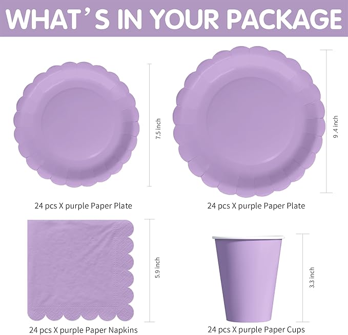Purple Party Decorations Supplies Tableware, Light Purple Plates And Napkins, Tablecloth Printed Table Runner, Cutlery, for Birthday Baby Bridal Shower Wedding Anniversary, Serves 24