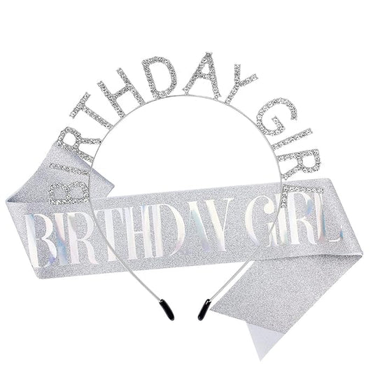 AOPRIE Birthday Girl Crown for Women with Sash Silver Colorful Tiara for Women Headband Princess Crown Rhinestone Happy Birthday Accessories