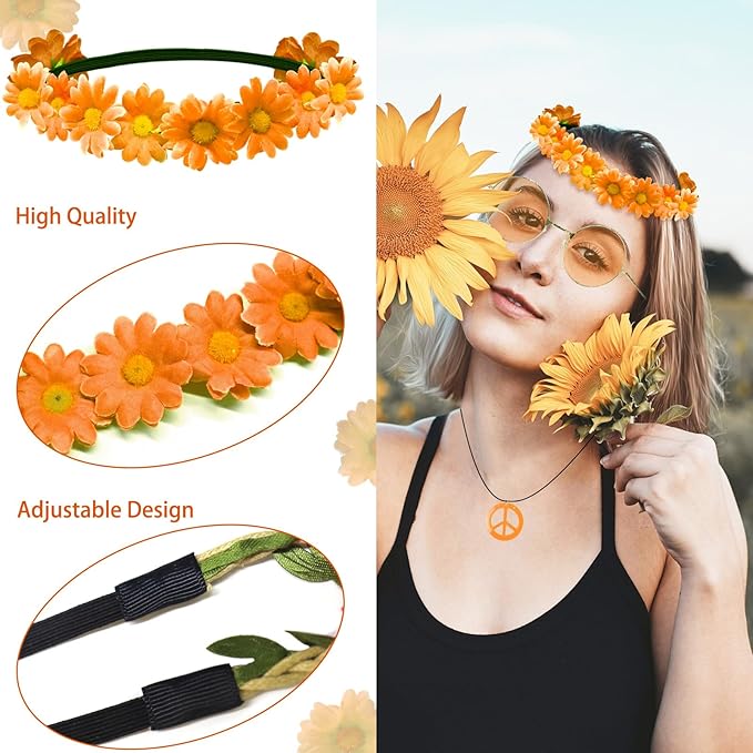 Hippie Costume Set Includes Peace Sign Necklace and Earring, Flower Crown Headband and Sunglasses 60s 70s Party Accessories