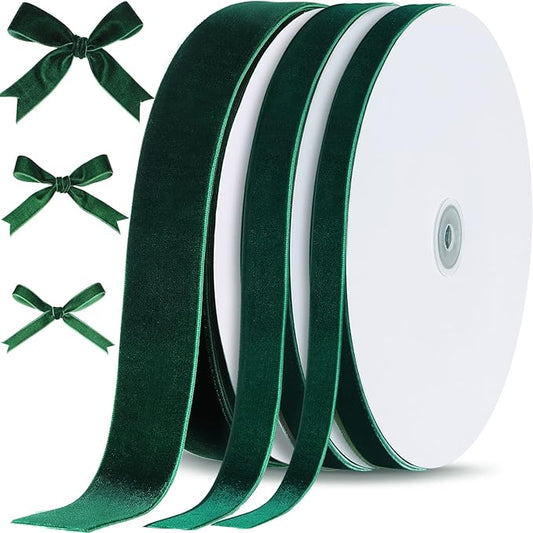Yilloog 3/8'' 5/8'' 1'' 90 Yards Christmas Velvet Ribbon Vintage Satin Fabric Velvet Ribbon Roll for Christmas Tree Ornaments Decoration Gift Wrapping Bow DIY Crafts (Green)
