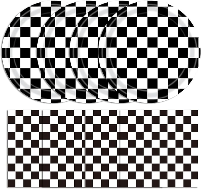 40 Pcs Race Car Birthday Party Decorations - Black and White Checkered Plates and Napkins for 20 Guests, Disposable Tableware Supplies for Birthdays, Game Day, and Racing-Themed Parties