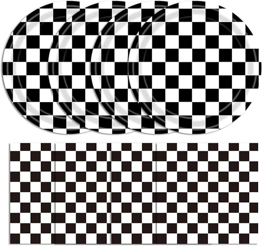 40 Pcs Race Car Birthday Party Decorations - Black and White Checkered Plates and Napkins for 20 Guests, Disposable Tableware Supplies for Birthdays, Game Day, and Racing-Themed Parties
