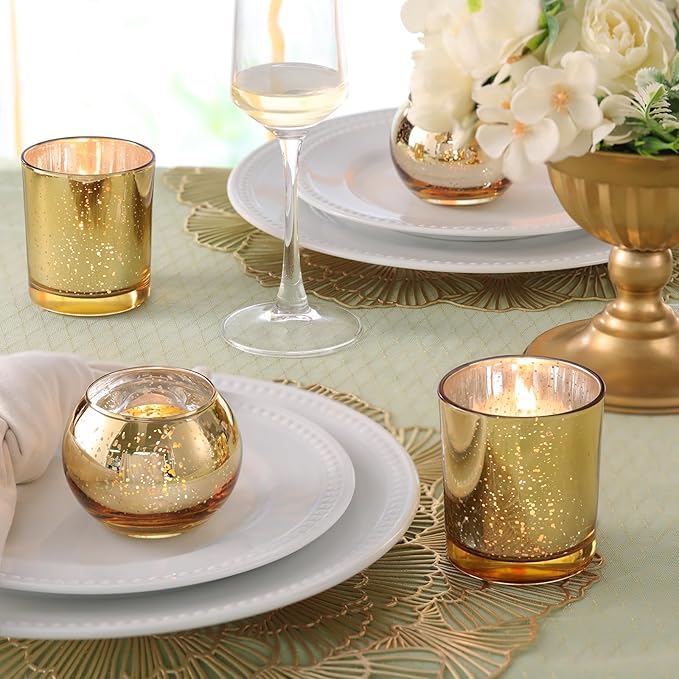 Volens 30pcs Assorted Gold Votive Candle Holders Bulk, Large Gold Wedding Centerpieces for Tables, Mercury Glass Votive & Tealight Candle Holders for Party Decorations and Home Decor