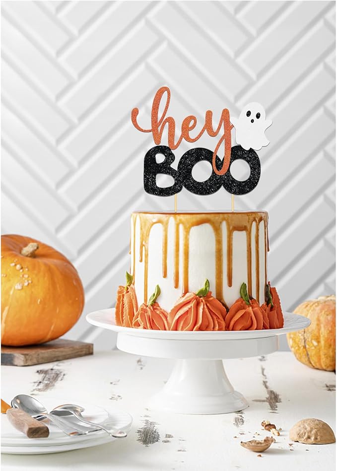 Hey Boo Cake Topper - Happy Boo Day Ghost Cake Topper, Ghost Halloween Cake Decorations for Birthday, Baby Shower, Party Supplies