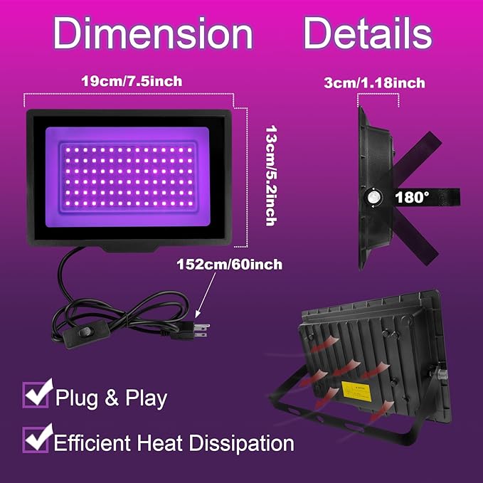 2 Pack 60W LED Black Light IP66 Waterproof,Blacklight with Plug+Switch, Flood Light for Glow Party,Halloween Decoration, Body Paint, Fluorescent Poster, Stage Lighting,Neon Glow,5.25Ft Cord