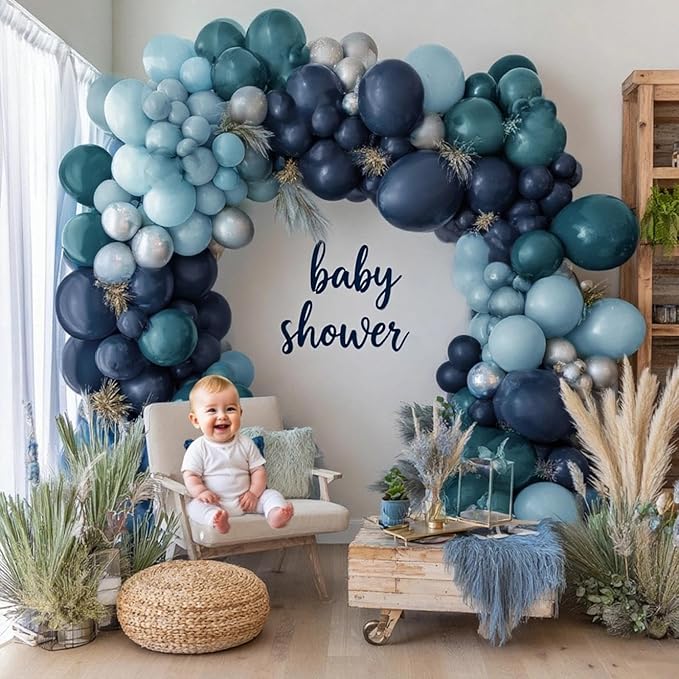 Navy Blue Silver Balloon Garland, Double Stuffed Dark Dusty Slate Blue Balloon Arch Kit for Birthday Baby Bridal Shower Wedding Anniversary Party Decorations