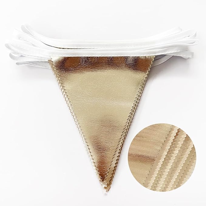 32Ft Champagne Gold Party Decorations Metallic Champagne Gold Beige Fabrci Pennant Banner Triangle Flag Garland Streamers for Birthday Anniversary Wedding Baby Bridal Shower Martini Party Supplies