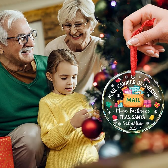 Personalized Mailman Ornaments Christmas 2025, Mail Carrier Delivering More Packages Than Santa Glass Ornament, Xmas Tree Decoration for Mailman Postal Worker & Driver, Custom Name & Year Ornaments
