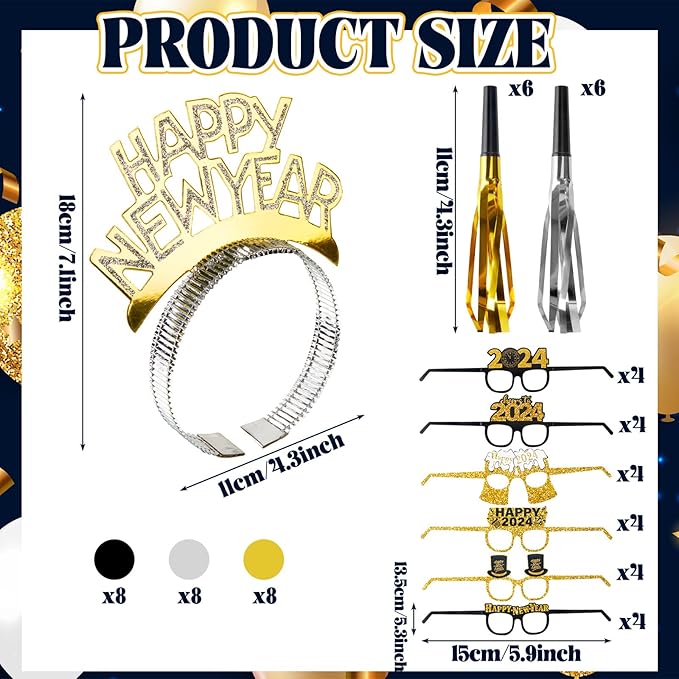 144 Pcs 2025 New Years Eve Party Supplies Include Happy New Year Headband Glasses Long Short Fringed Noise Makers for Holiday Party Favor Gift Accessories Adult