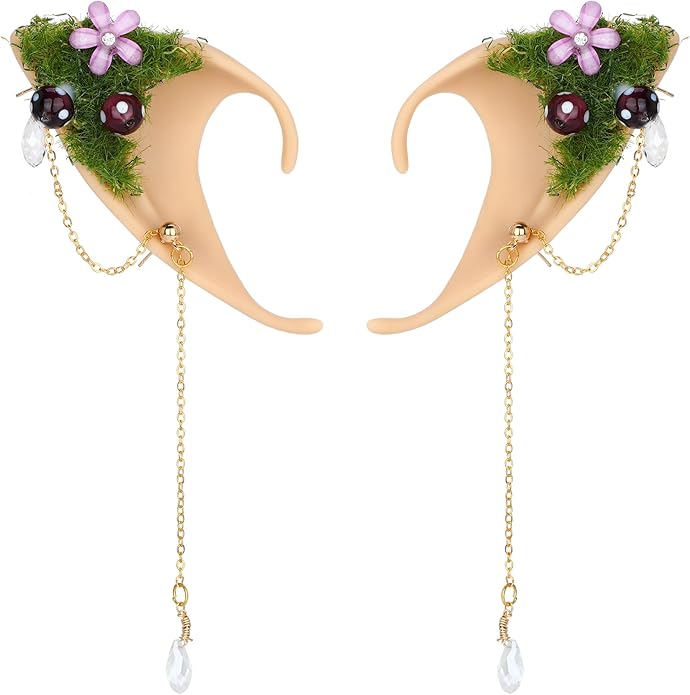 FRESHME Forest Mushroom Elf Ears, Soft Fairy Ears with Mushroom Moss and Flower Elven Ear Cuffs Halloween Renaissance Cosplay
