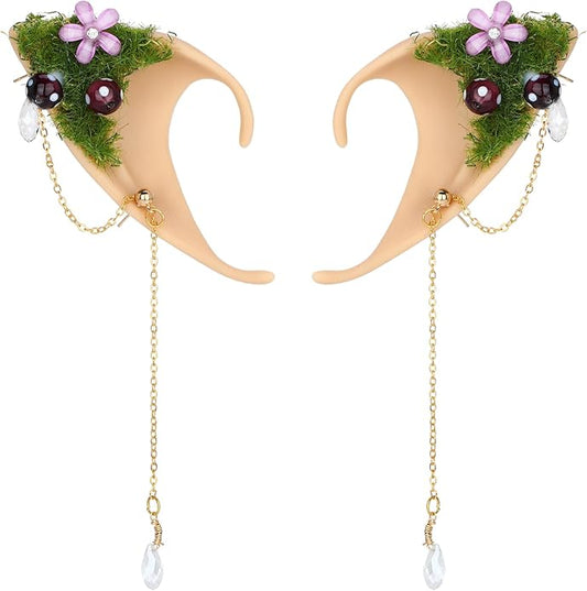 FRESHME Forest Mushroom Elf Ears, Soft Fairy Ears with Mushroom Moss and Flower Elven Ear Cuffs Halloween Renaissance Cosplay