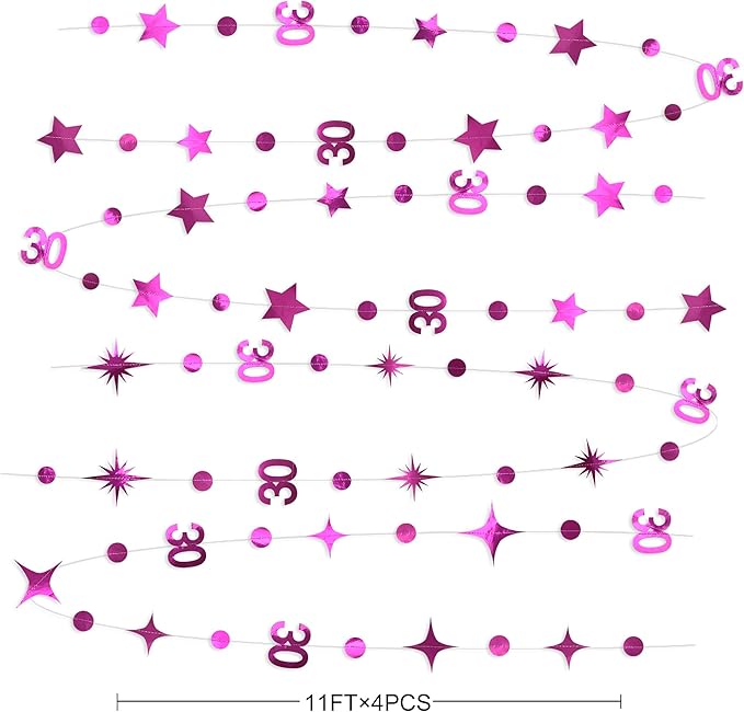 Hot Pink 30th Birthday Decorations Number 30 Circle Dot Twinkle Star Garland Glitter Hanging Streamer Bunting Banner Backdrop for Women Mens Dirty Thirty Cheers to 30 Years Anniversary Party Supplies