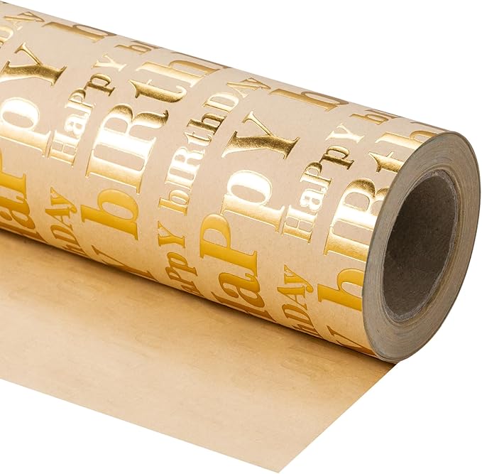 WRAPAHOLIC 3D Kraft Birthday Wrapping Paper Roll - Mini Roll - 17 Inch x 16.5 Feet - Gold and Brown Happy Birthday Lettering Design with Embossed Perfect for Holiday, Party Celebration
