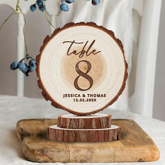Rustic Wedding Decor - Table Number Personalized Laser Engraved Wood Slice - Wedding Cake Toppers - Custom Anniversary Keepsake and Cake Decor - Custom Plaqu Table of 1, 2, 3, 4, 5, 6, 7, 8
