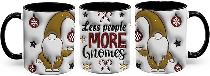 Less People More Gnomes Funny Christmas Inflated 3D Wrap Mugs, Two-Tone Accent Ceramic Coffee Drinking Cups, 11oz 15oz