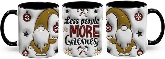 Less People More Gnomes Funny Christmas Inflated 3D Wrap Mugs, Two-Tone Accent Ceramic Coffee Drinking Cups, 11oz 15oz