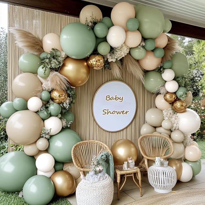 Dusty Green White Gold Balloon Garland Double Stuffed Light Sage Green White Sand Beige Balloon Arch Kit Olive Cream Metallic Balloons for Baby Bridal Shower Birthday Wedding Wild One Party Decor