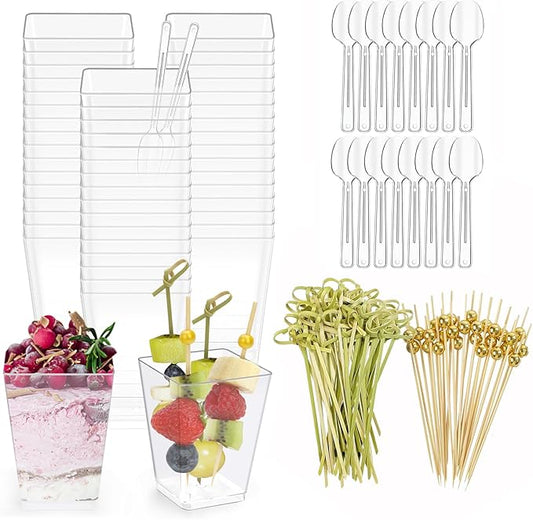 50 Pcs 5 oz Plastic Appetizer Charcuterie Cups with 200 sticks, Clear Dessert Cups with 50 Spoons, Disposable Fruit Parfait Salad Cup for Party