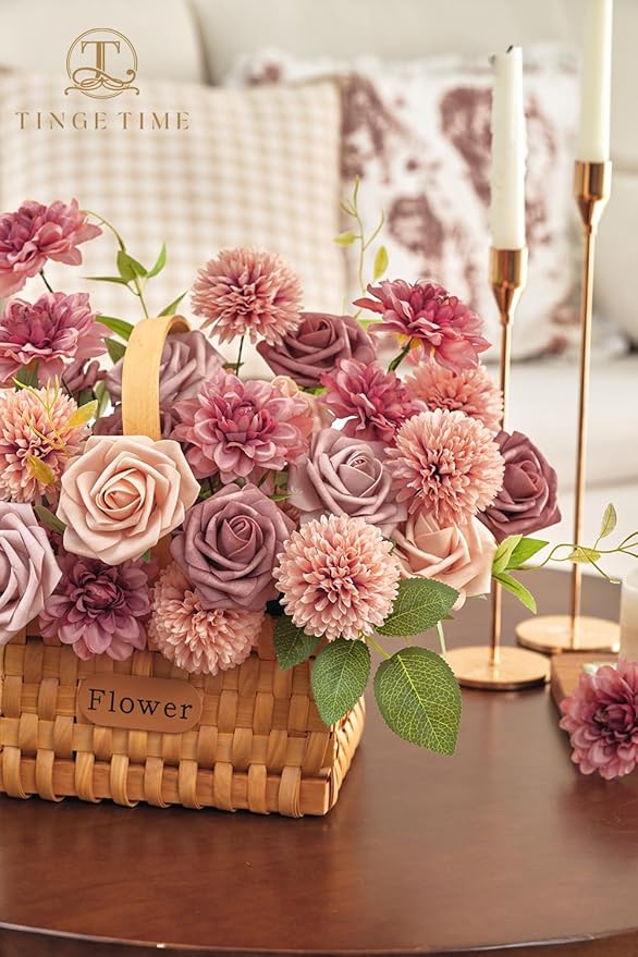 TINGE TIME Dusty Pink Flowers, Dusty Rose Fake Flower Leaf with Stems for DIY Wedding Bouquets Table Centerpieces Baby Shower Home Party Floral Arrangements Decorations