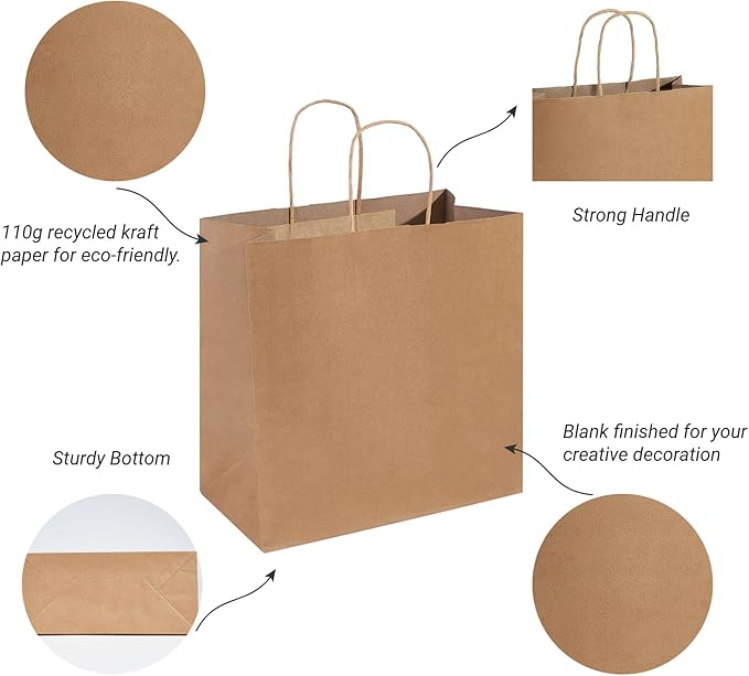 PAICUIKE 100Pcs Brown Paper Bags with Handles, Large 11x6x11 Inch Kraft Grocery Shopping & Retail Merchandise Bag, Gift Bags Bulk for Weddings, Parties, Baking