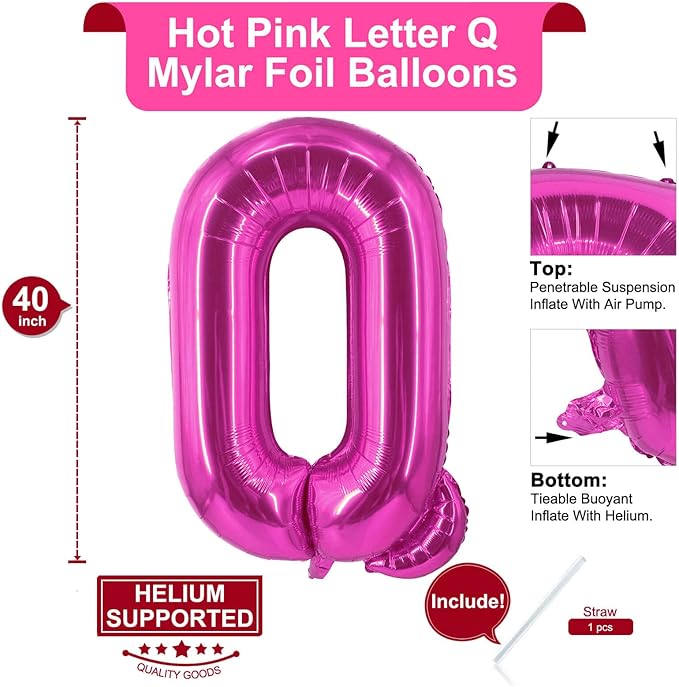 Lovoir 40 Inch Large Hot Pink Letter Q Balloons Big Size Jumbo Mylar Foil Helium Balloon for Birthday Party Celebration Decorations Alphabet Hot Pink Q