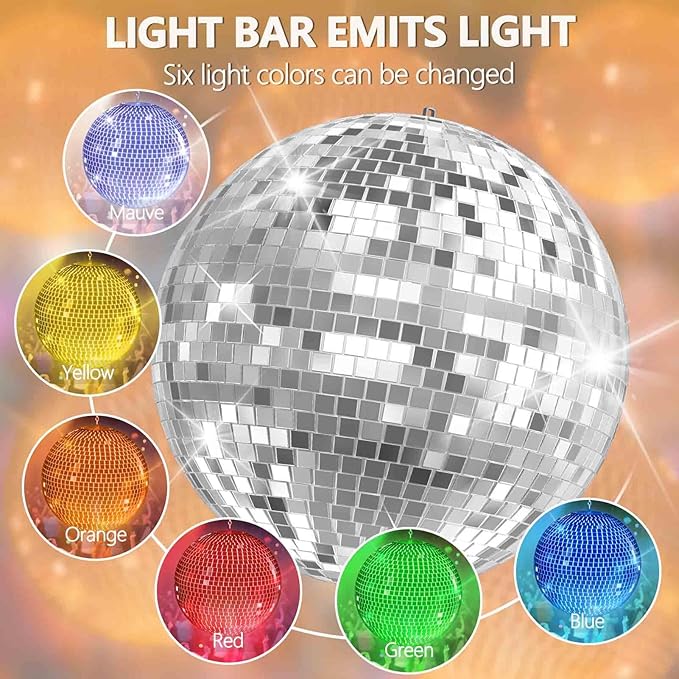 12 Inch LED Light Silver Disco Ball,Silver Glass Mirror Ball Light for Party, Christmas Decorations,USB Powered Mirror Disco Ball for Nightclub,Bar,Wedding,DJ Party Lighting(12inch)