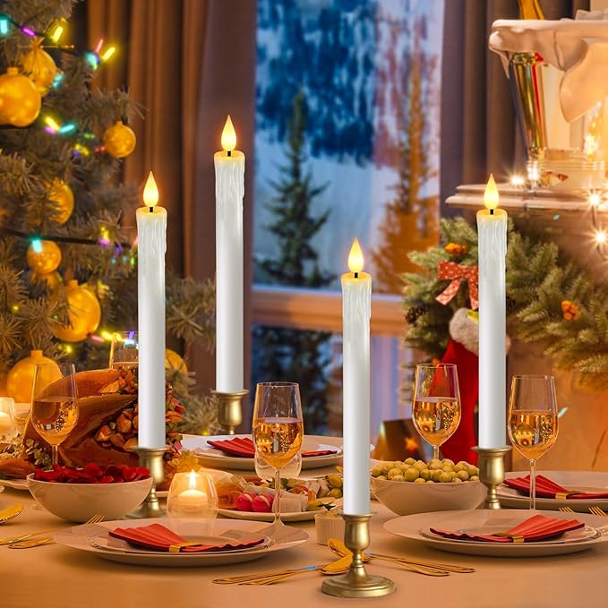 OCATO Flameless Candles with Remote Timer: 8 Pcs Battery Operated Window Candles 9.6" Real Wax LED Flickering Flameless Taper Candles 3D Wick Lights Halloween Christmas Wedding Party Decorations White