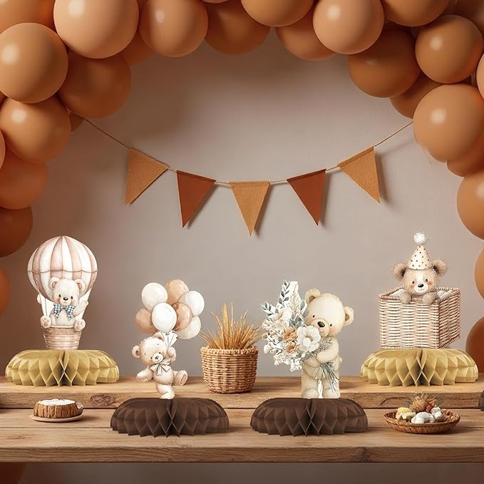 We Can Bearly Wait Baby Shower Centerpieces – 12 PCS Boho Teddy Bear Honeycomb Table Decorations, Brown & Beige Decor for Gender Neutral Teddy Bear Baby Shower
