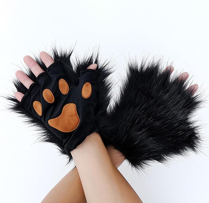Adolala Faux Fur Fox Tail Cat Wolf Set Plush Mask Fluffy Paw Gloves Halloween Christmas Party for Women