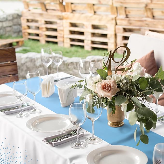 MASHAN 3Pcs White and Light Blue Tablecloth Party Decorations,Plastic White Table Cloth Printed Baby Blue Table Runner Disposable Rectangle Cover for Birthday Baby Shower Wedding Party,54 x108 Inch