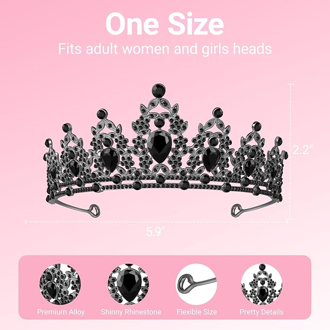 Taria Crowm Headband for Women, Hair Accessories for Birthday Wedding Party Costume (Black)